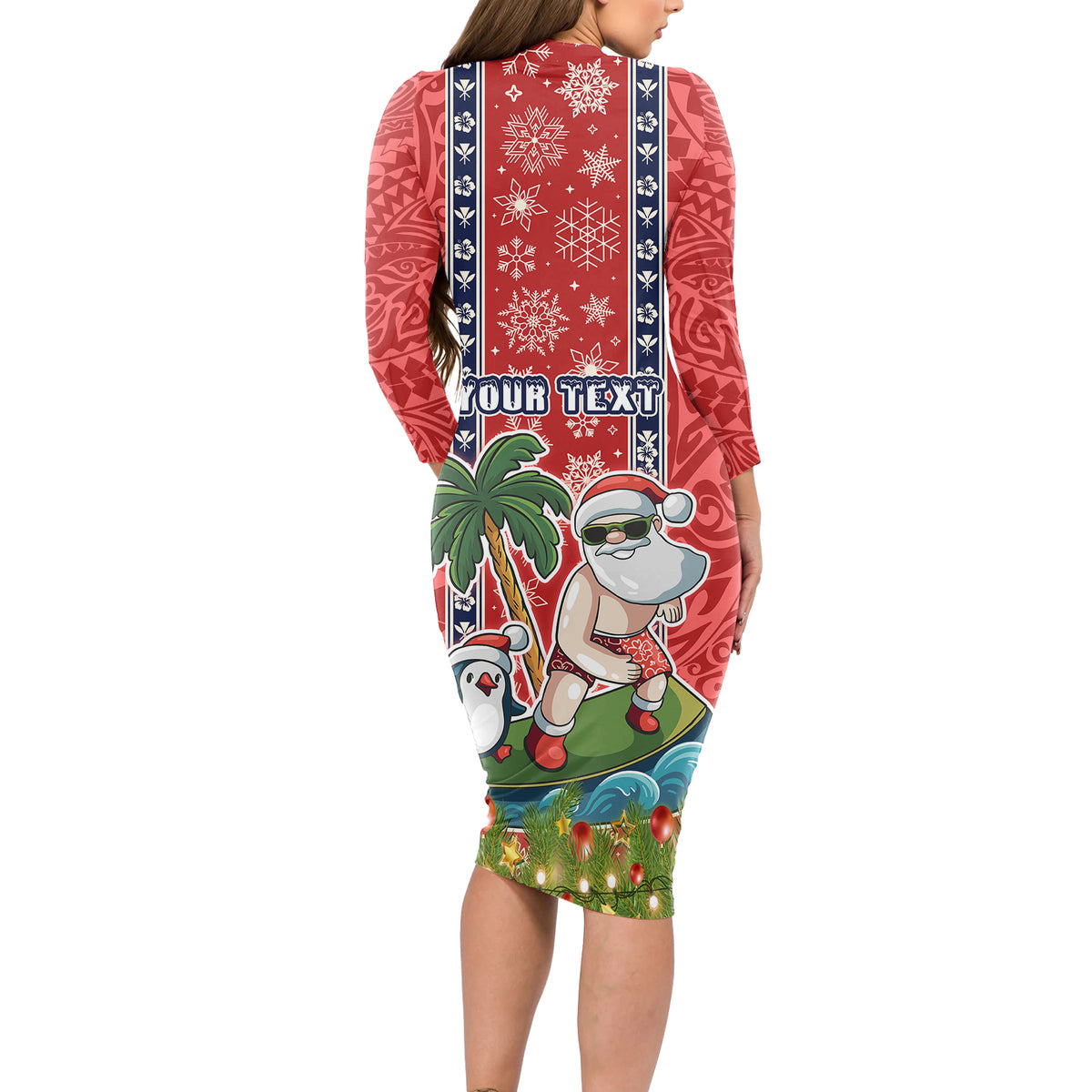 Custom Hawaii Christmas Long Sleeve Bodycon Dress The Santa Surfing Hawaii Xmas Style LT03 - Polynesian Pride