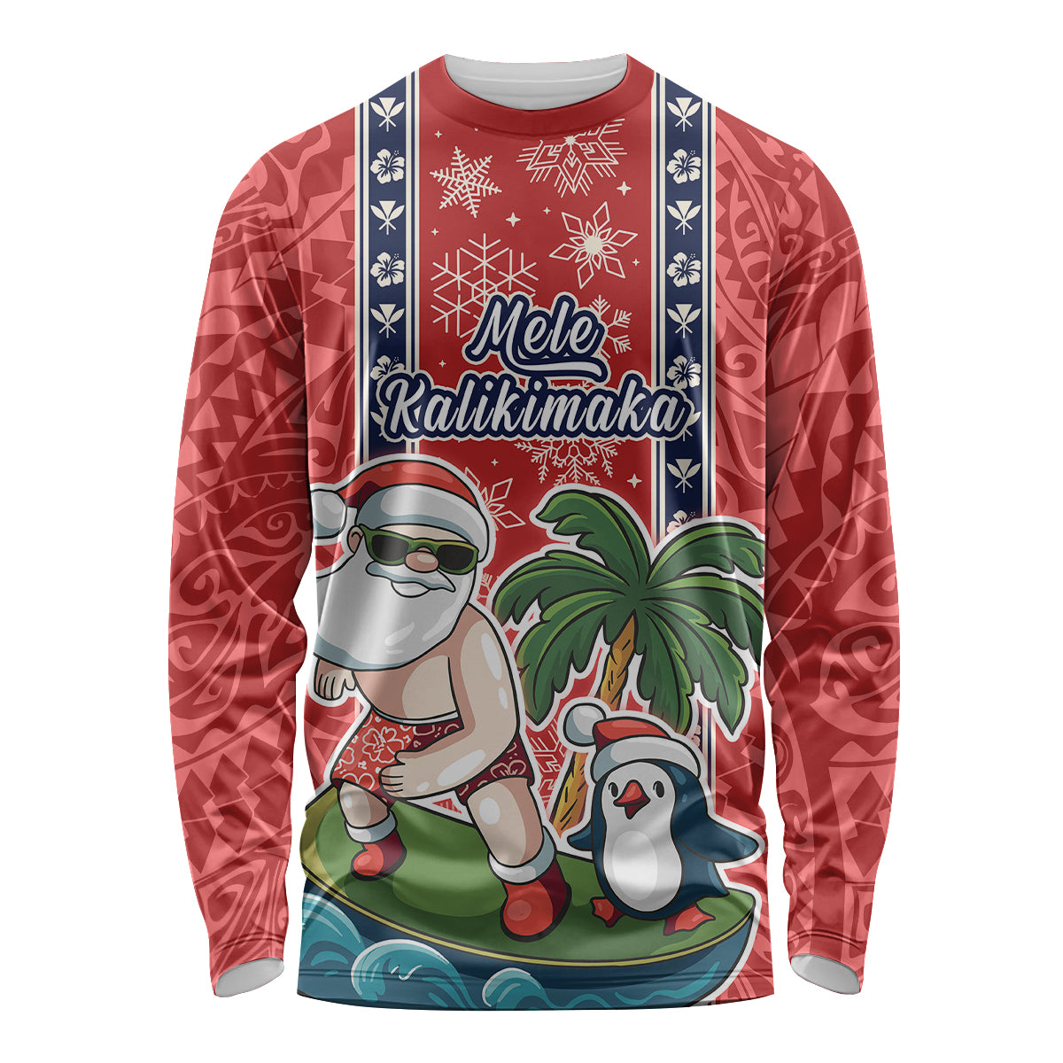 Custom Hawaii Christmas Long Sleeve Shirt The Santa Surfing Hawaii Xmas Style LT03 Unisex Red - Polynesian Pride
