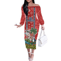 Custom Hawaii Christmas Off The Shoulder Long Sleeve Dress The Santa Surfing Hawaii Xmas Style LT03 Women Red - Polynesian Pride