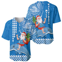 Hawaii Mele Kalikimaka Baseball Jersey Santa Riding The DolPhin Mix Kakau Pattern Blue Style LT03 - Polynesian Pride