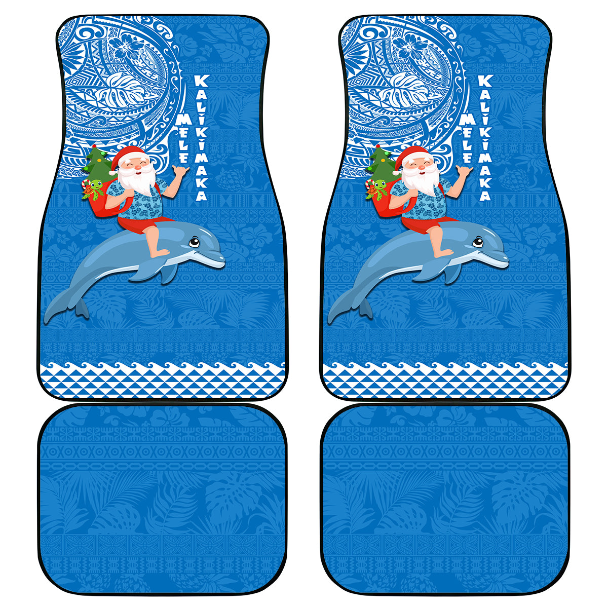 Hawaii Mele Kalikimaka Car Mats Santa Riding The DolPhin Mix Kakau Pattern Blue Style LT03 Blue - Polynesian Pride