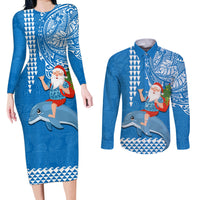 Hawaii Mele Kalikimaka Couples Matching Long Sleeve Bodycon Dress and Long Sleeve Button Shirt Santa Riding The DolPhin Mix Kakau Pattern Blue Style LT03 Blue - Polynesian Pride