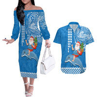 Hawaii Mele Kalikimaka Couples Matching Off The Shoulder Long Sleeve Dress and Hawaiian Shirt Santa Riding The DolPhin Mix Kakau Pattern Blue Style LT03 Blue - Polynesian Pride
