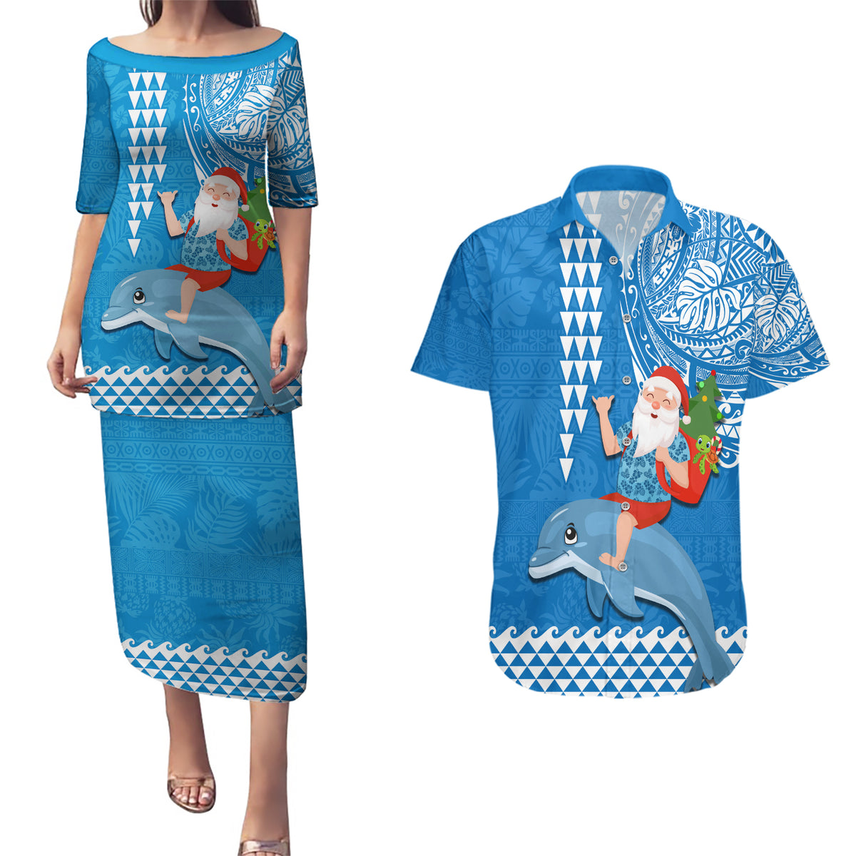 Hawaii Mele Kalikimaka Couples Matching Puletasi Dress and Hawaiian Shirt Santa Riding The DolPhin Mix Kakau Pattern Blue Style LT03 Blue - Polynesian Pride