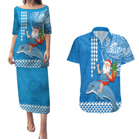 Hawaii Mele Kalikimaka Couples Matching Puletasi Dress and Hawaiian Shirt Santa Riding The DolPhin Mix Kakau Pattern Blue Style LT03 Blue - Polynesian Pride