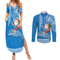 Hawaii Mele Kalikimaka Couples Matching Summer Maxi Dress and Long Sleeve Button Shirt Santa Riding The DolPhin Mix Kakau Pattern Blue Style LT03 Blue - Polynesian Pride