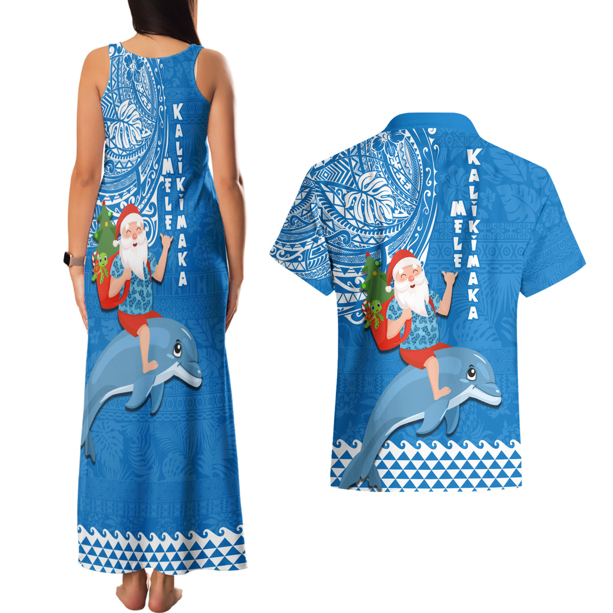 Hawaii Mele Kalikimaka Couples Matching Tank Maxi Dress and Hawaiian Shirt Santa Riding The DolPhin Mix Kakau Pattern Blue Style LT03 - Polynesian Pride