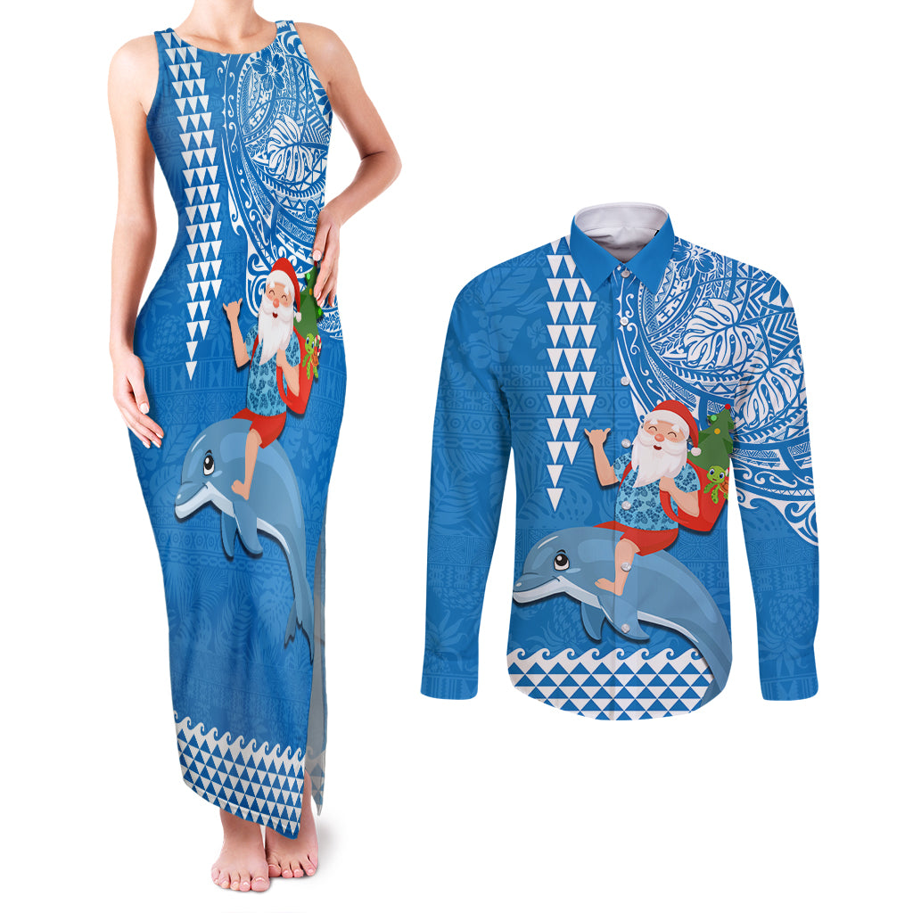 Hawaii Mele Kalikimaka Couples Matching Tank Maxi Dress and Long Sleeve Button Shirt Santa Riding The DolPhin Mix Kakau Pattern Blue Style LT03 Blue - Polynesian Pride