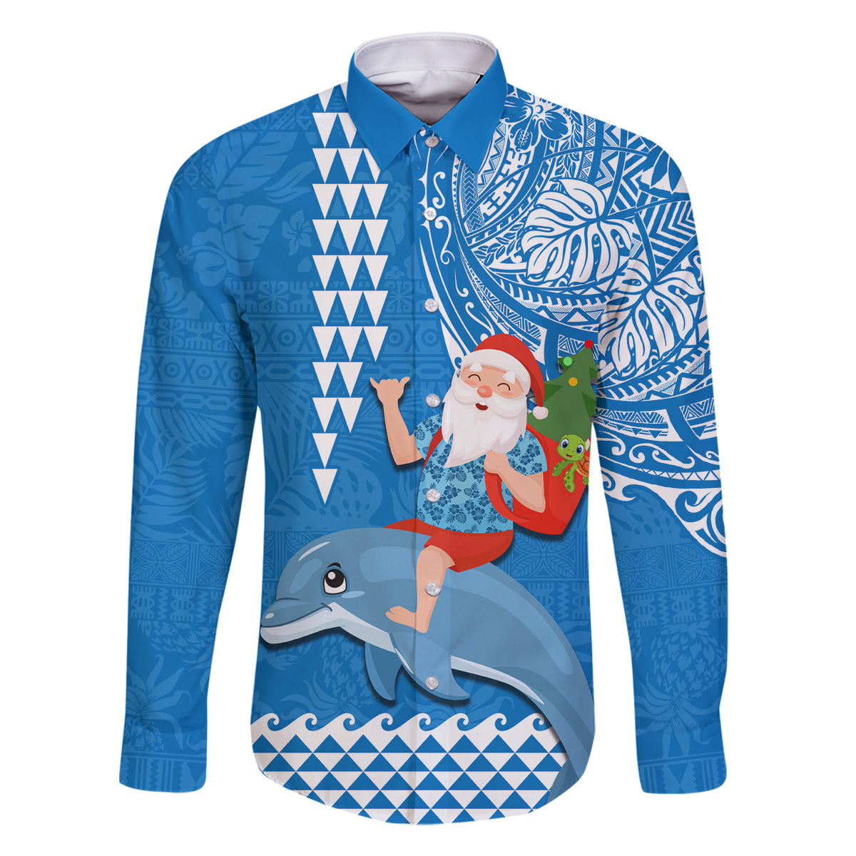 Hawaii Mele Kalikimaka Family Matching Long Sleeve Bodycon Dress and Hawaiian Shirt Santa Riding The DolPhin Mix Kakau Pattern Blue Style LT03 Dad's Shirt - Long Sleeve Blue - Polynesian Pride