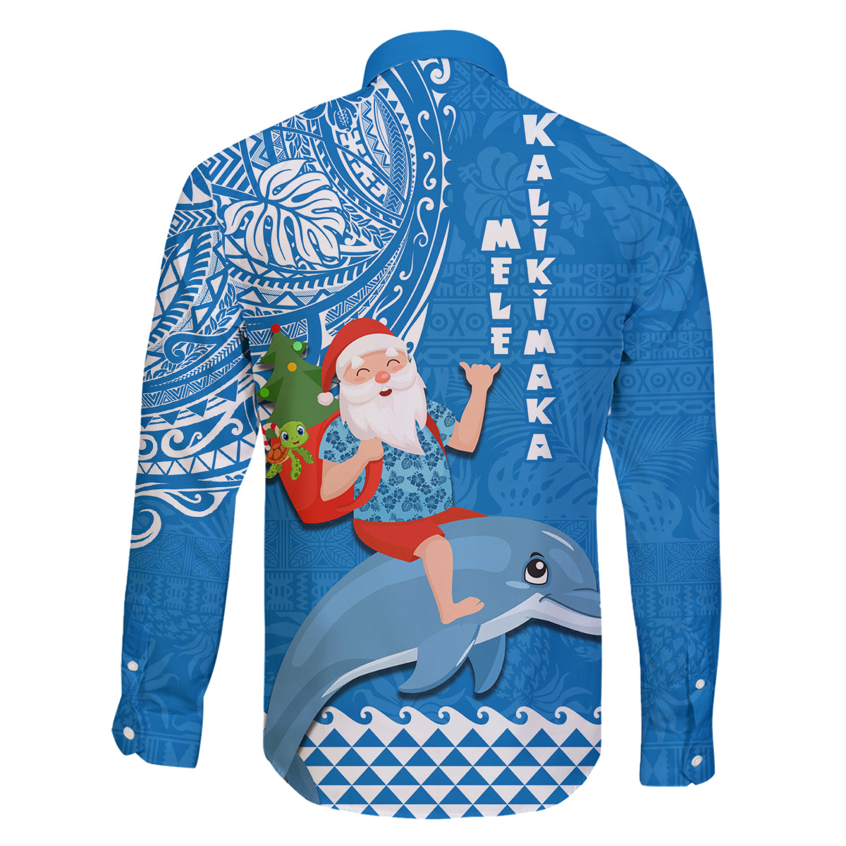 Hawaii Mele Kalikimaka Family Matching Mermaid Dress and Hawaiian Shirt Santa Riding The DolPhin Mix Kakau Pattern Blue Style LT03 - Polynesian Pride