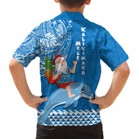 Hawaii Mele Kalikimaka Family Matching Off Shoulder Short Dress and Hawaiian Shirt Santa Riding The DolPhin Mix Kakau Pattern Blue Style LT03 - Polynesian Pride