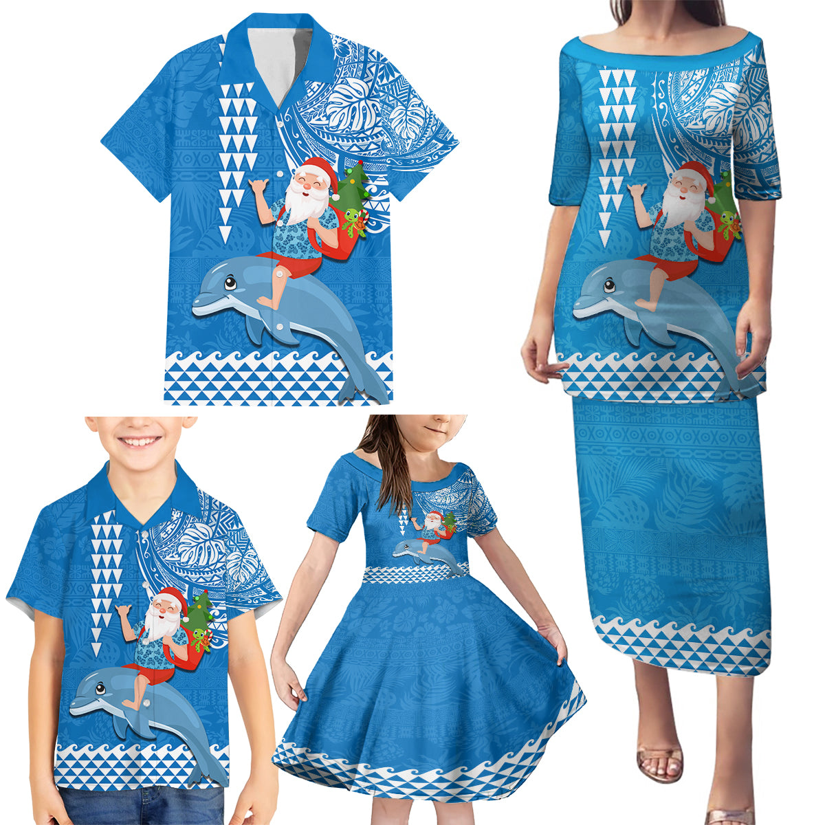 Hawaii Mele Kalikimaka Family Matching Puletasi Dress and Hawaiian Shirt Santa Riding The DolPhin Mix Kakau Pattern Blue Style LT03 - Polynesian Pride