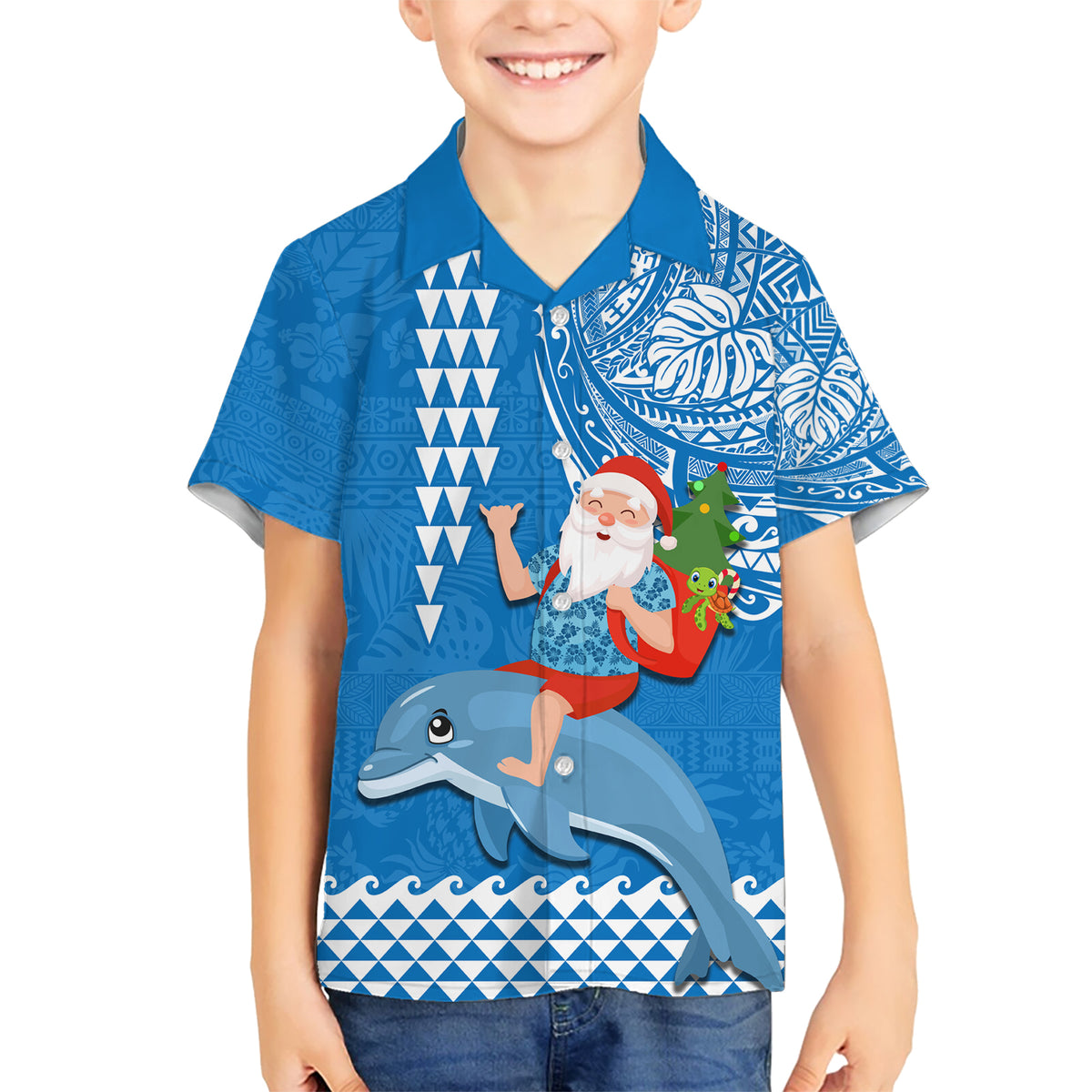 Hawaii Mele Kalikimaka Kid Hawaiian Shirt Santa Riding The DolPhin Mix Kakau Pattern Blue Style LT03 Kid Blue - Polynesian Pride