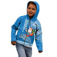 Hawaii Mele Kalikimaka Kid Hoodie Santa Riding The DolPhin Mix Kakau Pattern Blue Style LT03 - Polynesian Pride