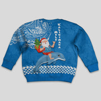 Hawaii Mele Kalikimaka Kid Ugly Christmas Sweater Santa Riding The DolPhin Mix Kakau Pattern Blue Style LT03 - Polynesian Pride
