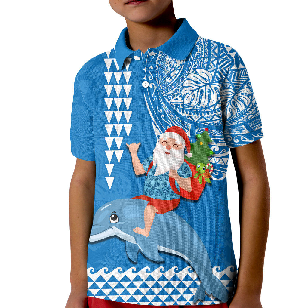 Hawaii Mele Kalikimaka Kid Polo Shirt Santa Riding The DolPhin Mix Kakau Pattern Blue Style LT03 Kid Blue - Polynesian Pride
