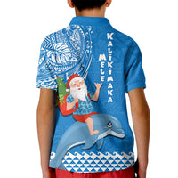 Hawaii Mele Kalikimaka Kid Polo Shirt Santa Riding The DolPhin Mix Kakau Pattern Blue Style LT03 - Polynesian Pride
