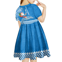 Hawaii Mele Kalikimaka Kid Short Sleeve Dress Santa Riding The DolPhin Mix Kakau Pattern Blue Style LT03 - Polynesian Pride