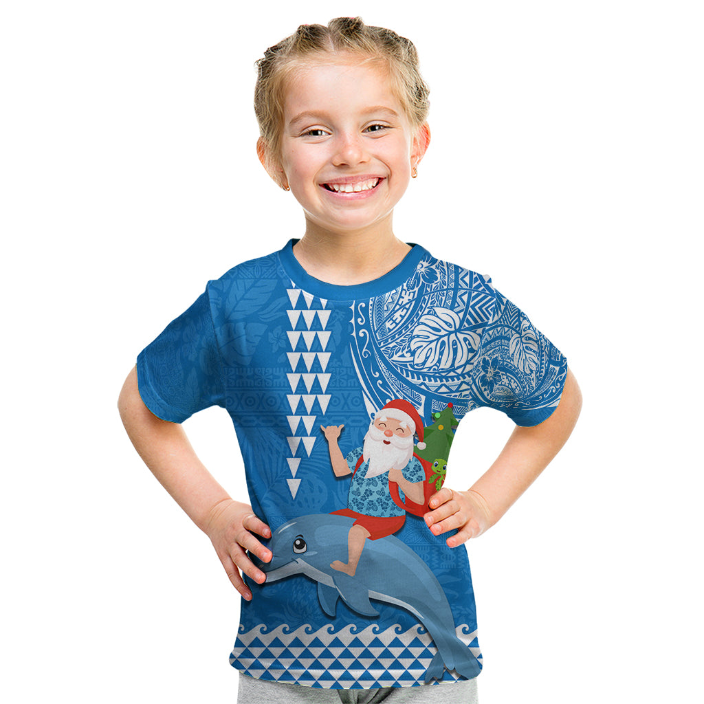 Hawaii Mele Kalikimaka Kid T Shirt Santa Riding The DolPhin Mix Kakau Pattern Blue Style LT03 Blue - Polynesian Pride