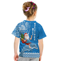 Hawaii Mele Kalikimaka Kid T Shirt Santa Riding The DolPhin Mix Kakau Pattern Blue Style LT03 - Polynesian Pride