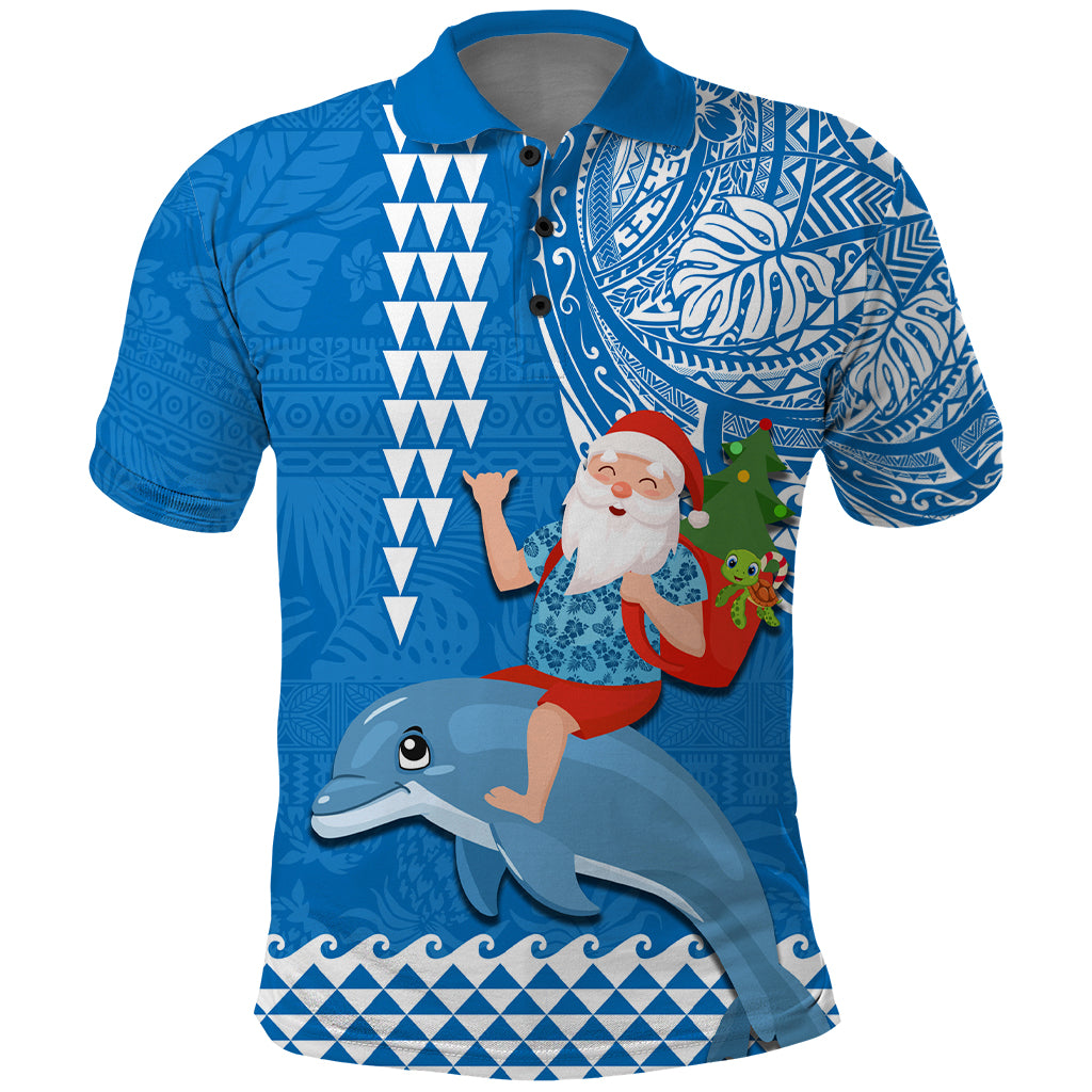 Hawaii Mele Kalikimaka Polo Shirt Santa Riding The DolPhin Mix Kakau Pattern Blue Style LT03 Blue - Polynesian Pride