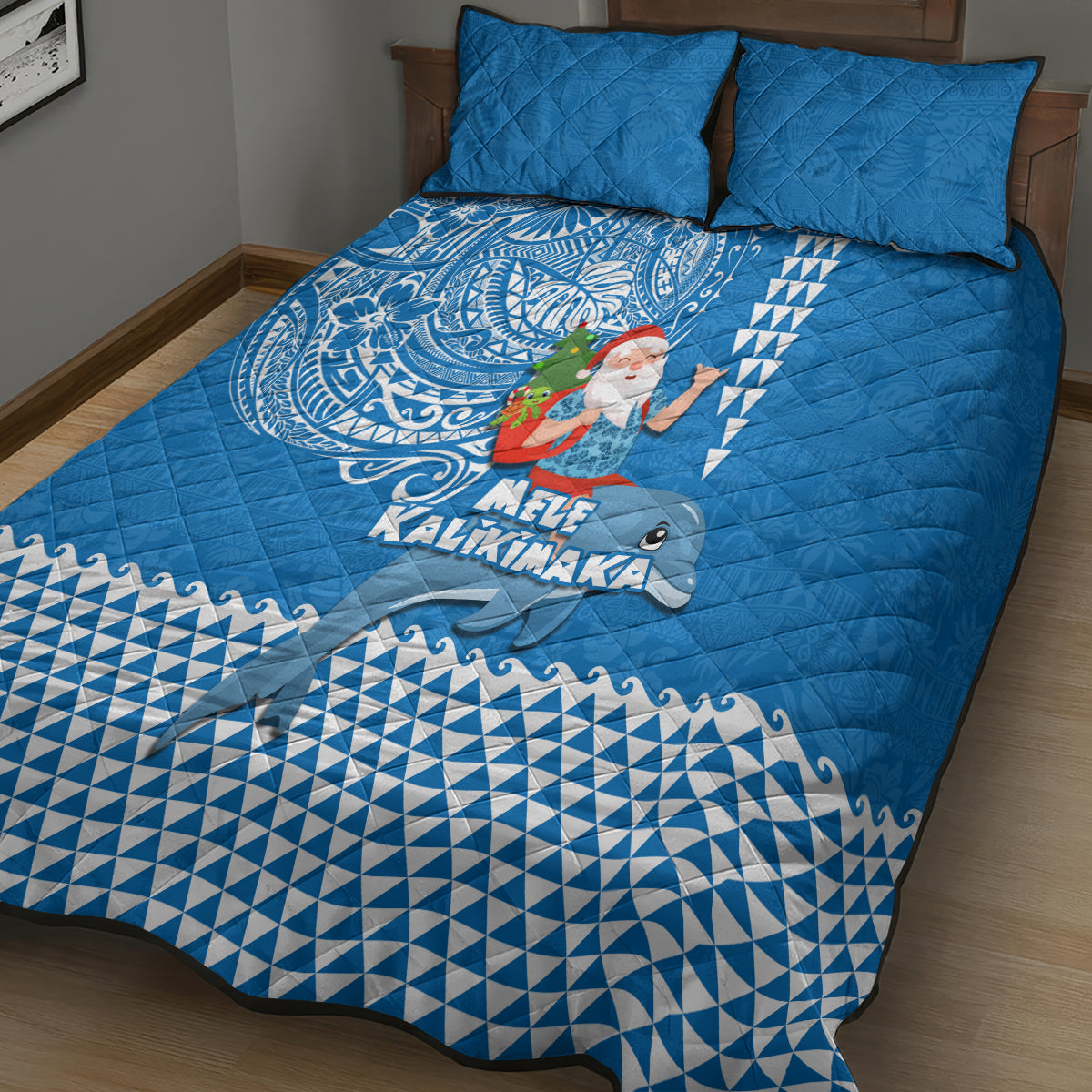 Hawaii Mele Kalikimaka Quilt Bed Set Santa Riding The DolPhin Mix Kakau Pattern Blue Style LT03 - Polynesian Pride