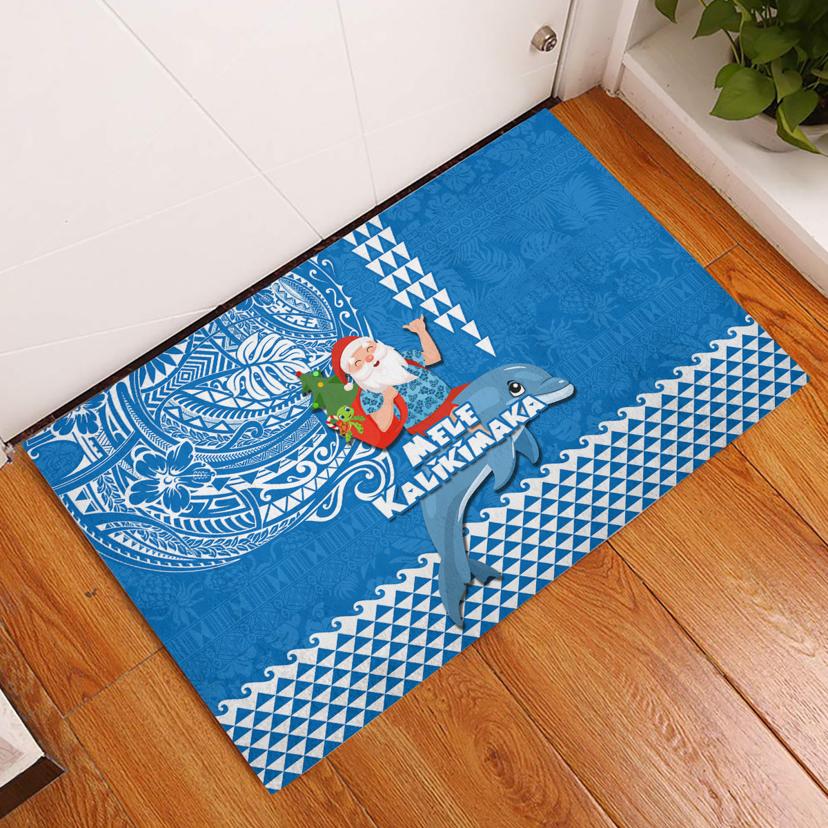 Hawaii Mele Kalikimaka Rubber Doormat Santa Riding The DolPhin Mix Kakau Pattern Blue Style LT03 Blue - Polynesian Pride