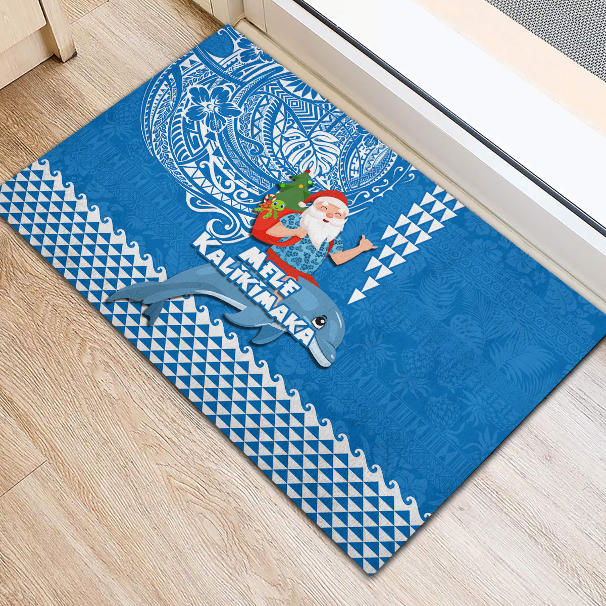 Hawaii Mele Kalikimaka Rubber Doormat Santa Riding The DolPhin Mix Kakau Pattern Blue Style LT03 - Polynesian Pride