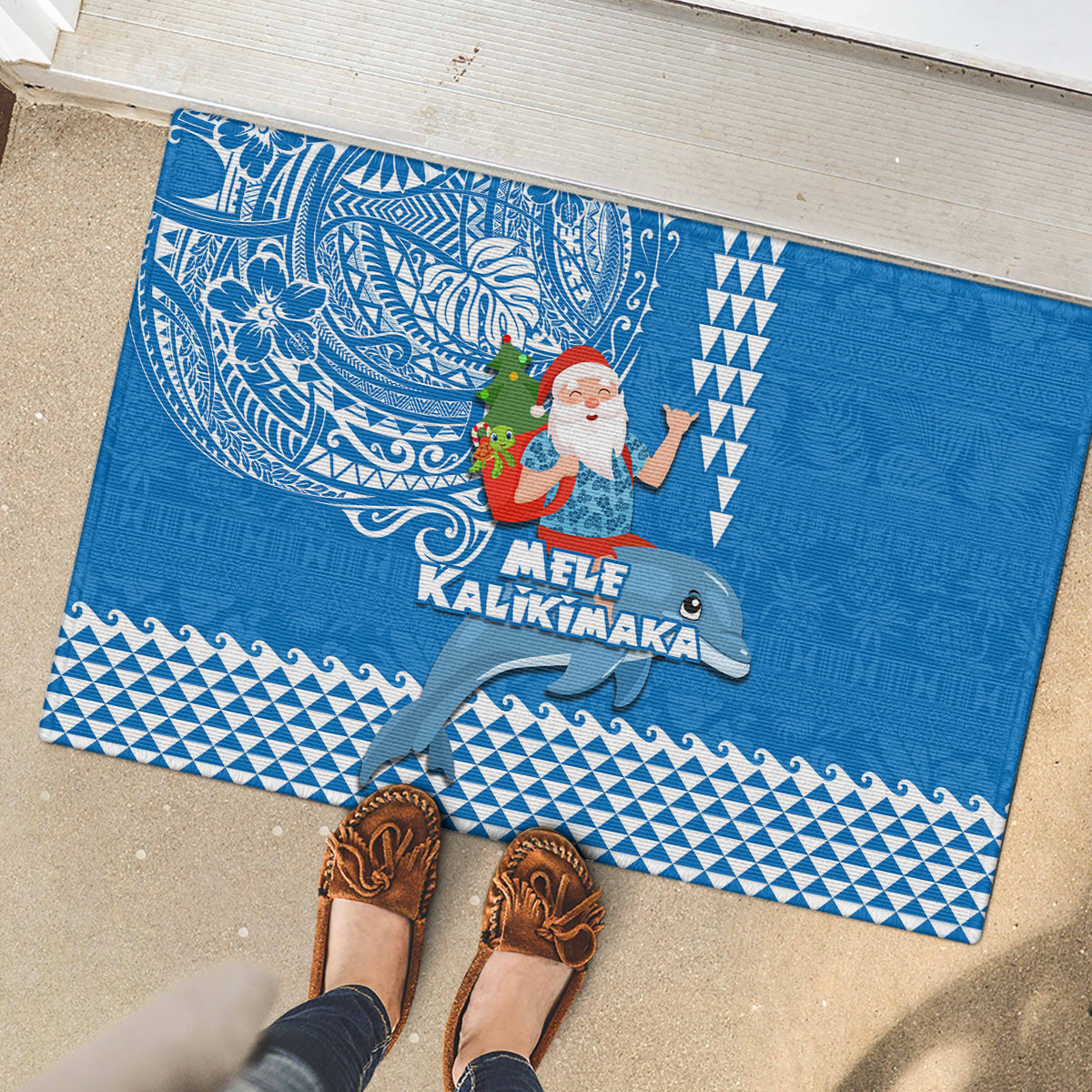 Hawaii Mele Kalikimaka Rubber Doormat Santa Riding The DolPhin Mix Kakau Pattern Blue Style LT03 - Polynesian Pride