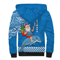 Hawaii Mele Kalikimaka Sherpa Hoodie Santa Riding The DolPhin Mix Kakau Pattern Blue Style LT03 - Polynesian Pride