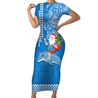 Hawaii Mele Kalikimaka Short Sleeve Bodycon Dress Santa Riding The DolPhin Mix Kakau Pattern Blue Style LT03 Long Dress Blue - Polynesian Pride