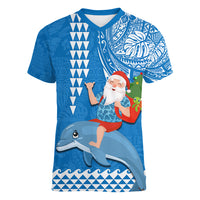 Hawaii Mele Kalikimaka Women V Neck T Shirt Santa Riding The DolPhin Mix Kakau Pattern Blue Style LT03 Female Blue - Polynesian Pride