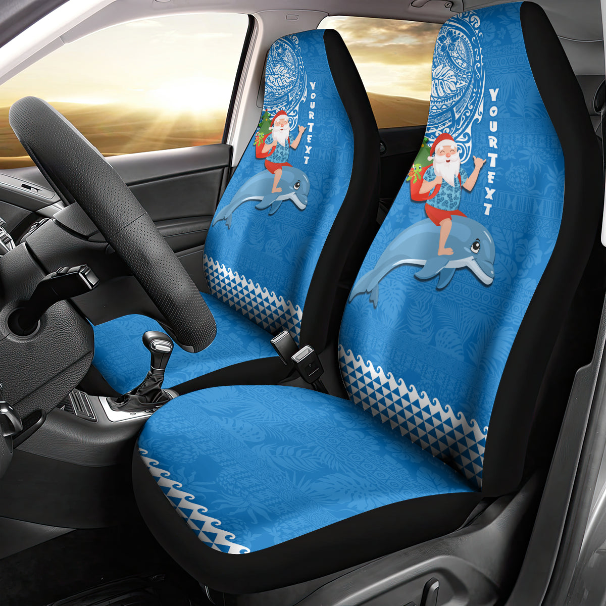 Custom Hawaii Mele Kalikimaka Car Seat Cover Santa Riding The DolPhin Mix Kakau Pattern Blue Style LT03 - Polynesian Pride