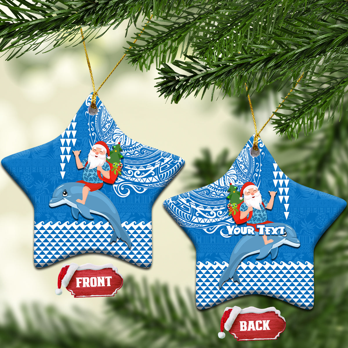 Custom Hawaii Mele Kalikimaka Ceramic Ornament Santa Riding The DolPhin Mix Kakau Pattern Blue Style LT03 Star Blue - Polynesian Pride