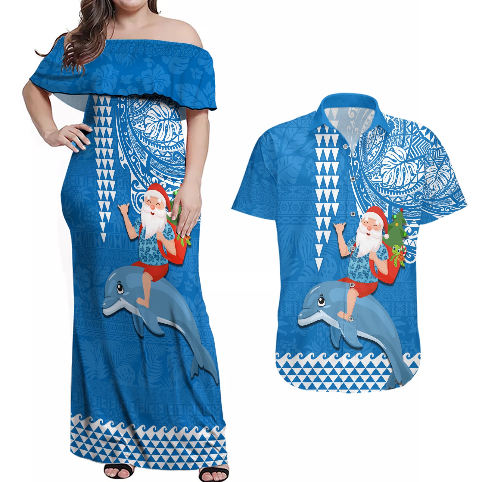 Custom Hawaii Mele Kalikimaka Couples Matching Off Shoulder Maxi Dress and Hawaiian Shirt Santa Riding The DolPhin Mix Kakau Pattern Blue Style LT03 Blue - Polynesian Pride