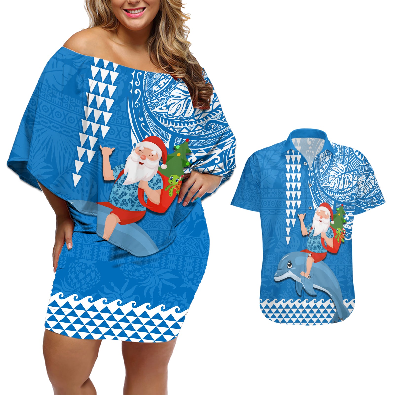 Custom Hawaii Mele Kalikimaka Couples Matching Off Shoulder Short Dress and Hawaiian Shirt Santa Riding The DolPhin Mix Kakau Pattern Blue Style LT03 Blue - Polynesian Pride