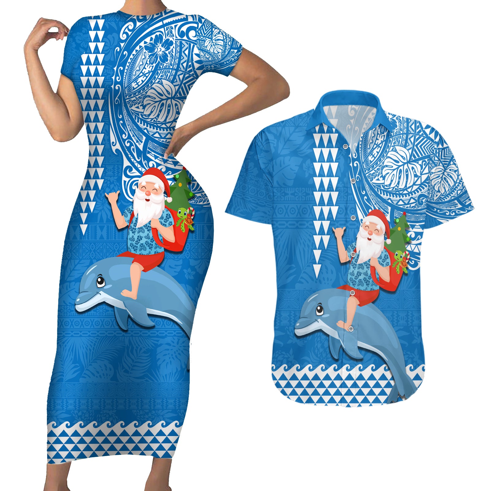 Custom Hawaii Mele Kalikimaka Couples Matching Short Sleeve Bodycon Dress and Hawaiian Shirt Santa Riding The DolPhin Mix Kakau Pattern Blue Style LT03 Blue - Polynesian Pride