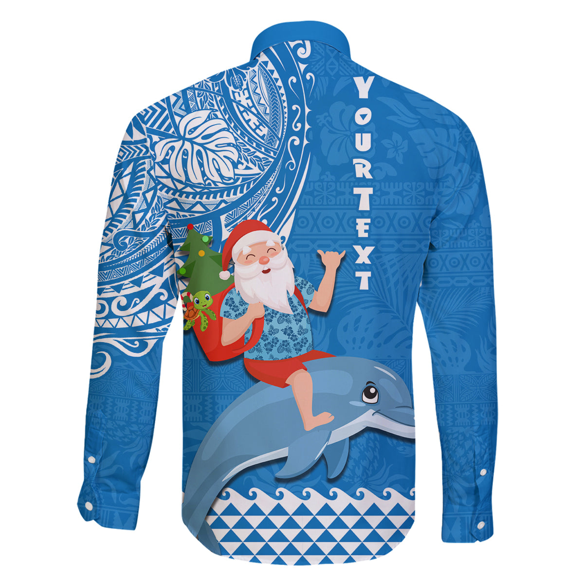 Custom Hawaii Mele Kalikimaka Family Matching Mermaid Dress and Hawaiian Shirt Santa Riding The DolPhin Mix Kakau Pattern Blue Style LT03 - Polynesian Pride