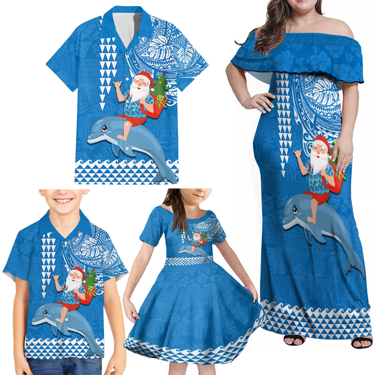 Custom Hawaii Mele Kalikimaka Family Matching Off Shoulder Maxi Dress and Hawaiian Shirt Santa Riding The DolPhin Mix Kakau Pattern Blue Style LT03 - Polynesian Pride