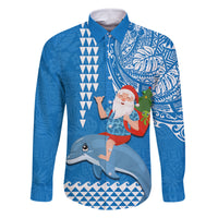Custom Hawaii Mele Kalikimaka Family Matching Off Shoulder Maxi Dress and Hawaiian Shirt Santa Riding The DolPhin Mix Kakau Pattern Blue Style LT03 Dad's Shirt - Long Sleeve Blue - Polynesian Pride