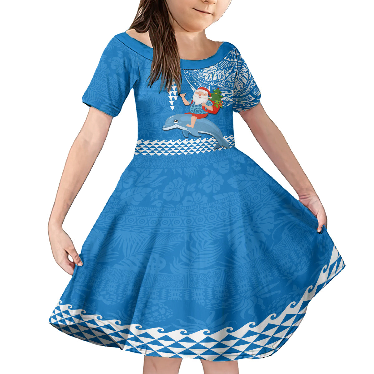 Custom Hawaii Mele Kalikimaka Family Matching Tank Maxi Dress and Hawaiian Shirt Santa Riding The DolPhin Mix Kakau Pattern Blue Style LT03 Daughter's Dress Blue - Polynesian Pride