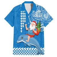 Custom Hawaii Mele Kalikimaka Family Matching Tank Maxi Dress and Hawaiian Shirt Santa Riding The DolPhin Mix Kakau Pattern Blue Style LT03 Dad's Shirt - Short Sleeve Blue - Polynesian Pride