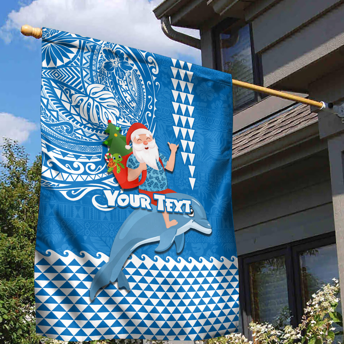 Custom Hawaii Mele Kalikimaka Garden Flag Santa Riding The DolPhin Mix Kakau Pattern Blue Style LT03 - Polynesian Pride