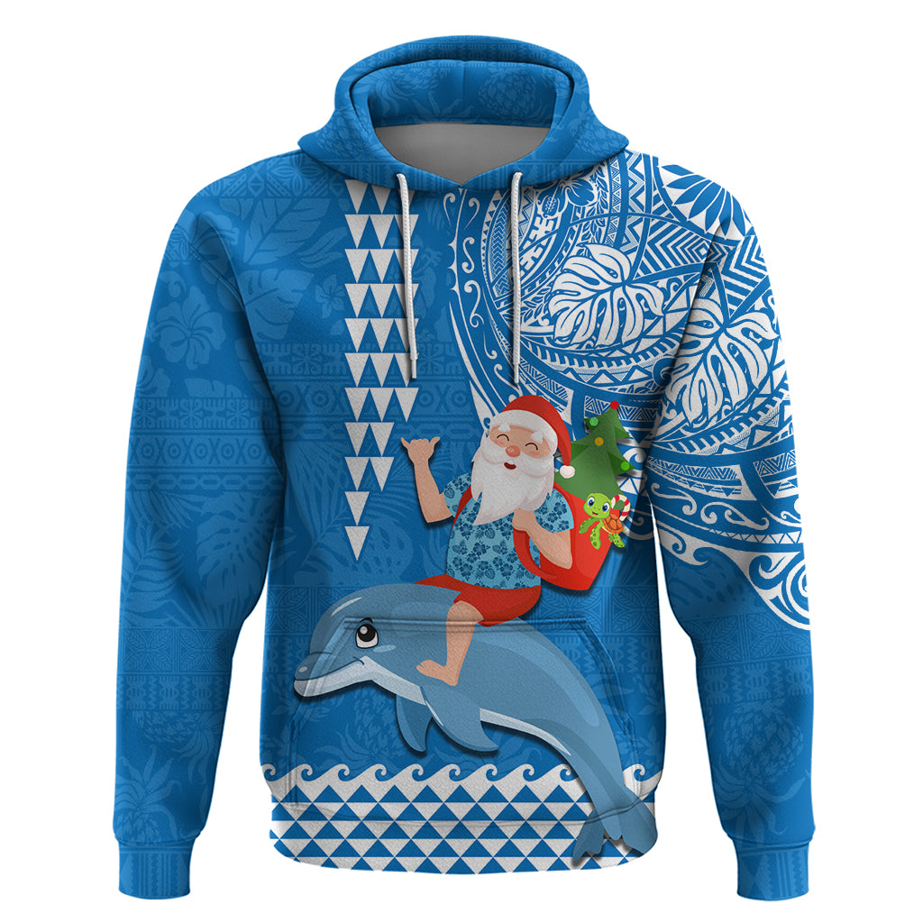 Custom Hawaii Mele Kalikimaka Hoodie Santa Riding The DolPhin Mix Kakau Pattern Blue Style LT03 Pullover Hoodie Blue - Polynesian Pride