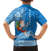Custom Hawaii Mele Kalikimaka Kid Hawaiian Shirt Santa Riding The DolPhin Mix Kakau Pattern Blue Style LT03 - Polynesian Pride