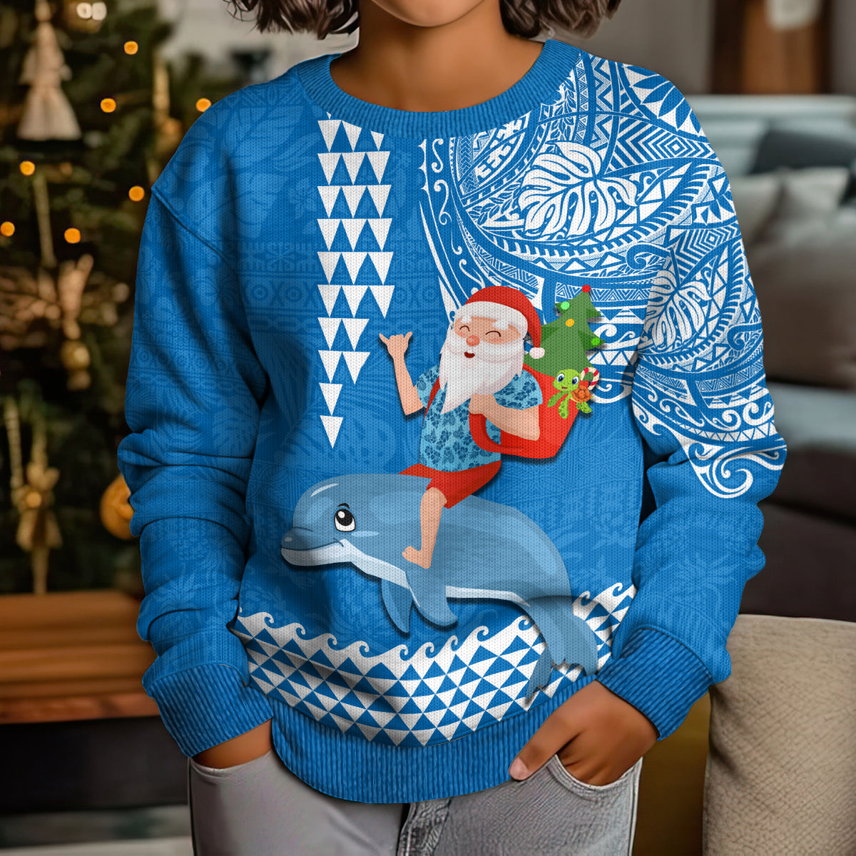 Custom Hawaii Mele Kalikimaka Kid Ugly Christmas Sweater Santa Riding The DolPhin Mix Kakau Pattern Blue Style LT03 - Polynesian Pride