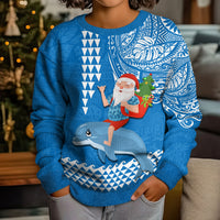 Custom Hawaii Mele Kalikimaka Kid Ugly Christmas Sweater Santa Riding The DolPhin Mix Kakau Pattern Blue Style LT03 - Polynesian Pride