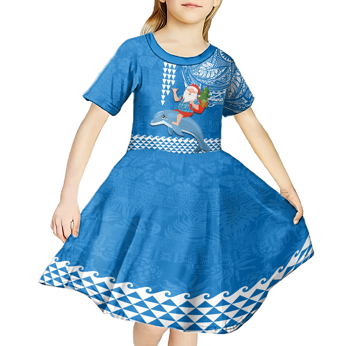 Custom Hawaii Mele Kalikimaka Kid Short Sleeve Dress Santa Riding The DolPhin Mix Kakau Pattern Blue Style LT03 - Polynesian Pride