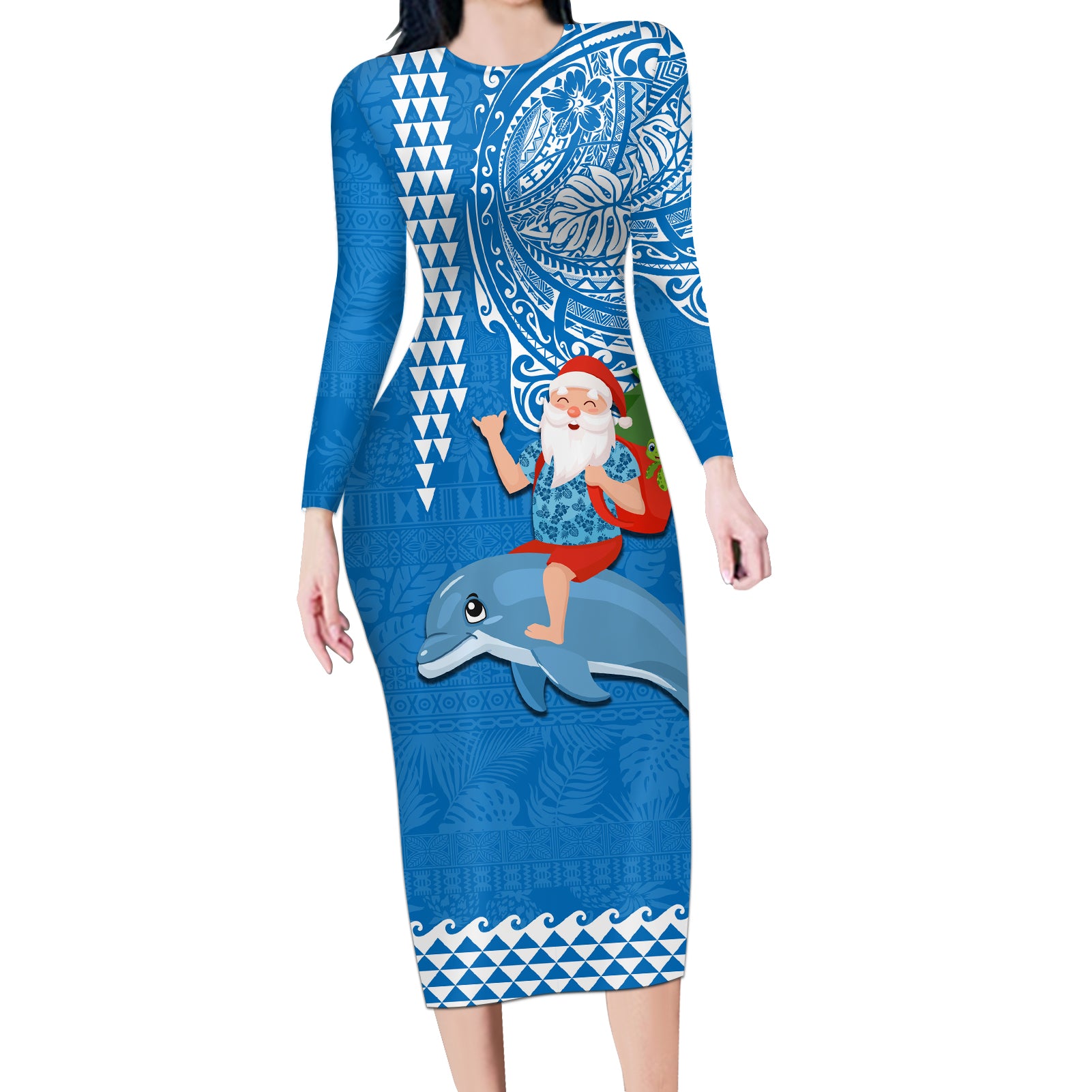 Custom Hawaii Mele Kalikimaka Long Sleeve Bodycon Dress Santa Riding The DolPhin Mix Kakau Pattern Blue Style LT03 Long Dress Blue - Polynesian Pride