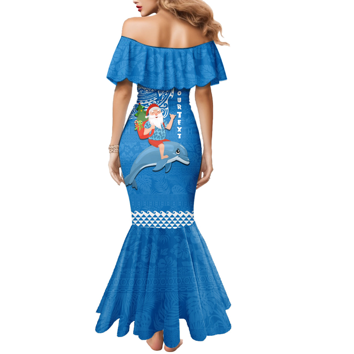 Custom Hawaii Mele Kalikimaka Mermaid Dress Santa Riding The DolPhin Mix Kakau Pattern Blue Style LT03 - Polynesian Pride